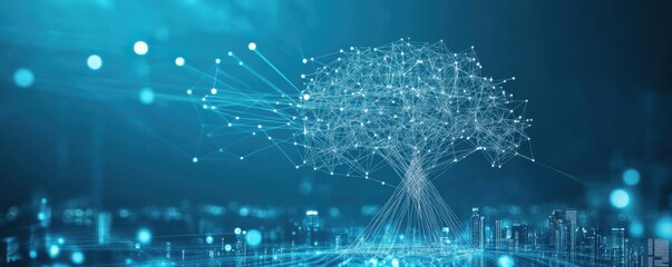 Abstract digital tree made of white lines and dots on a blue background, symbolizing technology and connectivity