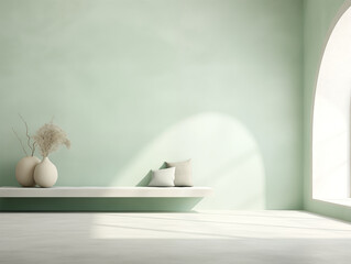 Wabi sabi japanese style rustic interior in with wood, pottery and texture elements in mint, white and neutral colors