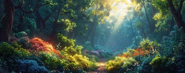 Fototapeta premium Sunlit Forest Path with Lush Foliage and Flowers