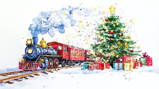 Vintage steam train delivering Christmas presents under a decorated tree.