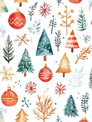 Watercolor Christmas tree and ornament seamless pattern on white background.