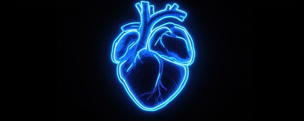 Blue neon outline of an anatomical heart glowing on a black background