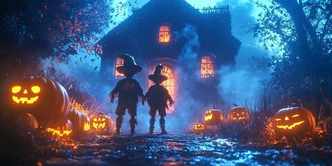 Eerie Halloween scene with glowing pumpkins and shadowy figures in front of a spooky house under a misty blue sky.
