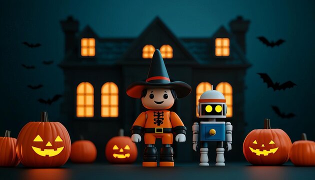 Colorful Halloween scene featuring a witch and a robot beside jack-o'-lanterns in front of a spooky house.
