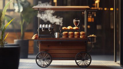 Cozy street food cart with coffee machine and pastries, perfect morning ambiance.