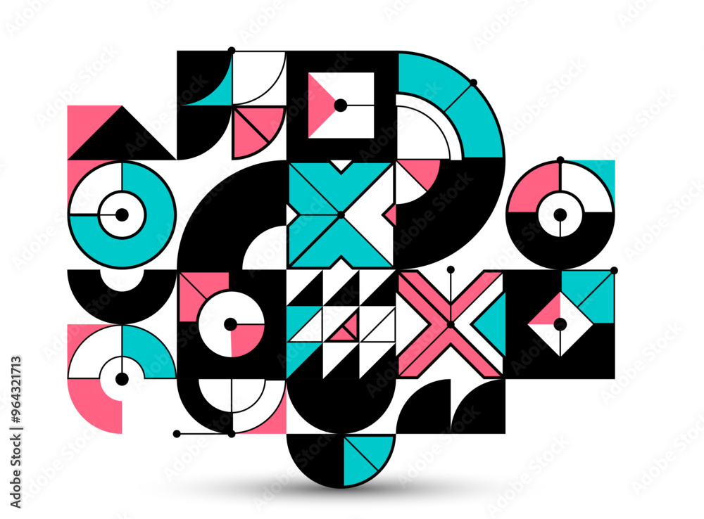 Poster bauhaus style abstract geometric vector background with circles triangles and lines, geometrical abs