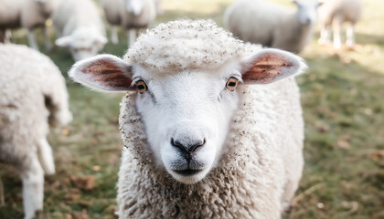 Fototapeta premium Close-up portrait of a fluffy white sheep staring at the camera, with other sheep in the blurry background.