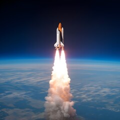 Rocket entering space with view of earth, Aerospace technology and space exploration.