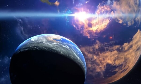 3D globe of Earth, illuminated by sunlight, orbiting in the vastness of space with the moon as a companion