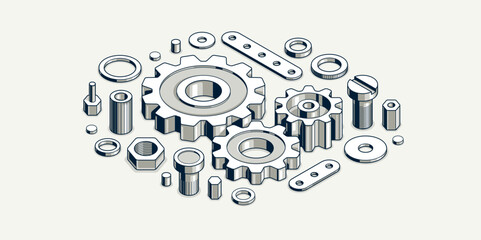 Obraz premium Industry and manufacturing concept, gears and cogs composition isometric 3D vector illustration, cogwheels system technology and technics machinery engine.