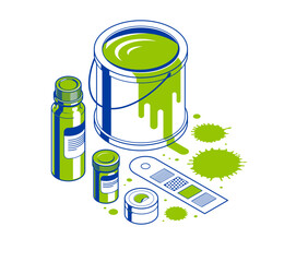 Painting walls service interior vector 3D isometric illustration, job professional renovation, residential flat renovate, apartment or house interior decoration.