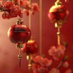 Chinese Lanterns with blossoms on Solid Red Background, Chinese New Year celebration