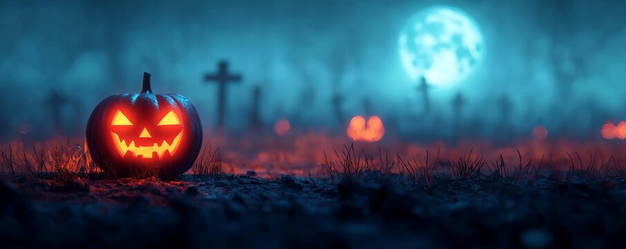 A spooky Halloween scene featuring carved pumpkins glowing in a graveyard under a full moon, creating an eerie atmosphere.