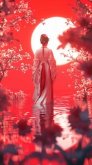 Chinese woman walking in garden with blossoms background