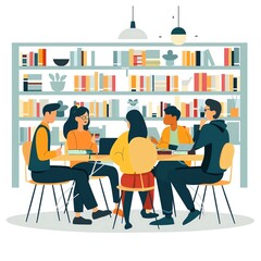Library study session, students exchanging ideas, flat design illustration