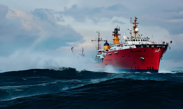 A lone fishing trawler navigates the misty waters, its hull barely visible against the gray expanse