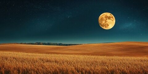 Obraz premium A stunning landscape featuring a golden field under a bright, full moon illuminating the night sky.