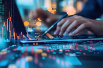 Business professional analyzing financial data on laptop with digital graphs and stock market trends in modern office environment