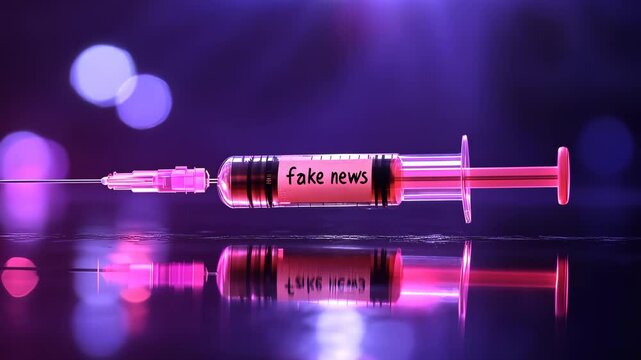 Syringe labeled with fake news, glowing in