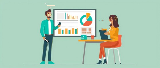 Student presenting research, academic fair, flat design illustration