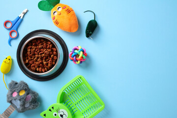 Brown cat kibble in a metal bowl, cat litter scoop, clippers, toys on pastel blue background. Pet care concept.
