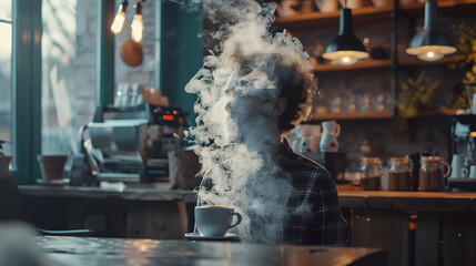 Barista's head steaming with coffee aromas and cozy café interior 