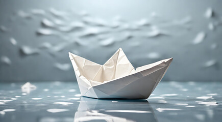 Fototapeta premium A paper boat floating on a smooth, reflective surface, made from crumpled white paper with blank copy space in the background. The boat symbolizes journeys, exploration, and new beginnings