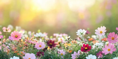 Fototapeta premium A vibrant field of blooming flowers in soft pastel colors, capturing the essence of springtime beauty and tranquility.
