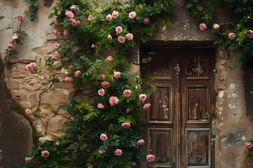 Charming wooden door adorned with blooming pink roses against a weathered wall.
