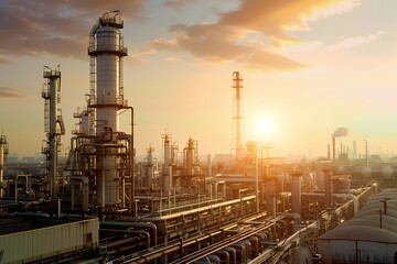 Obraz premium Industrial landscape at sunset, showcasing refineries and smokestacks.