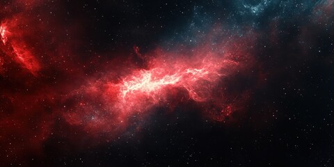 Naklejka premium A vibrant nebula illuminated in stunning shades of red and blue, set against a backdrop of deep cosmic space.
