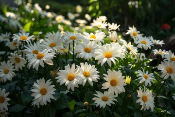 Obraz premium Vibrant white daisies blooming in a sunlit garden.