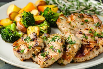 Grilled chicken thighs with fresh herbs and colorful roasted vegetables.