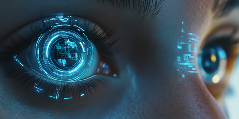 High-tech human eyes with holographic interfaces displaying data charts and scanning information