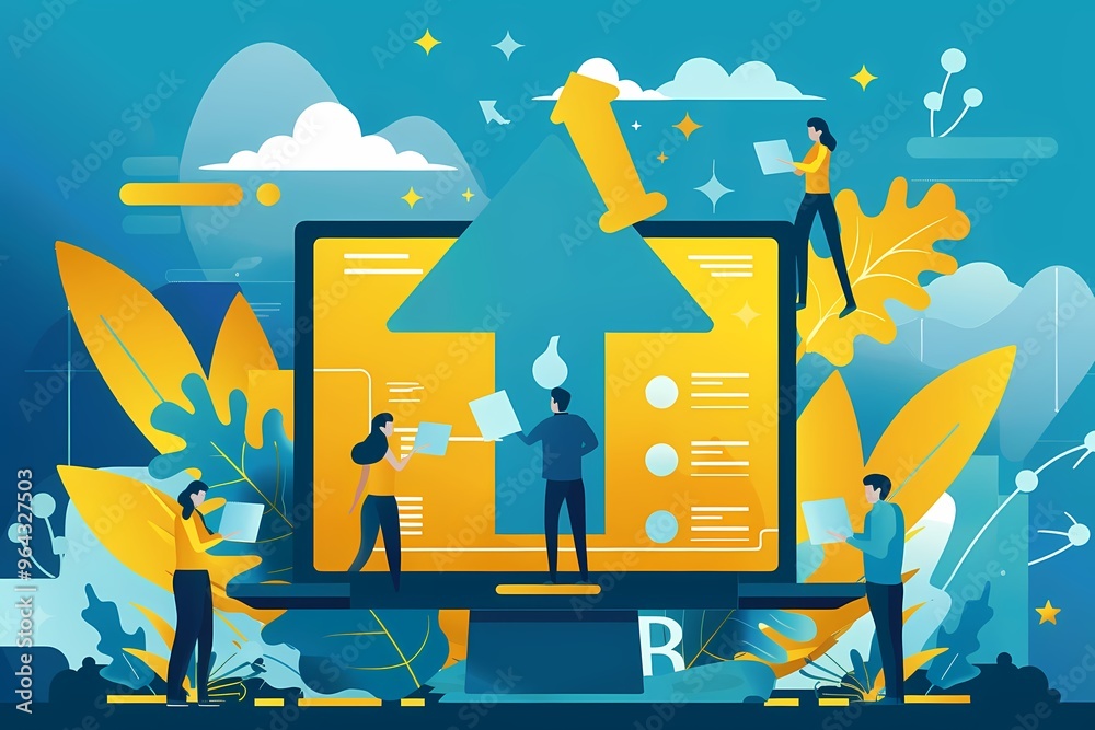 Wall mural Colorful digital workspace illustrating teamwork in data uploading and collaboration.