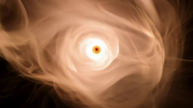 A glowing protostar emerges from a thick, swirling cloud of gas in space. The soft, warm light highlights the intricate patterns of the surrounding nebula as the gas spirals inward, feeding the young