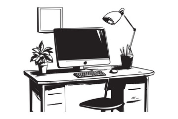 Office desk setup silhouette illustrations