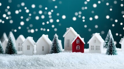 Fototapeta premium A snowy landscape with a row of small houses and a tree. The houses are white and red, and the snow is covering the ground. The scene has a cozy and festive mood, with the houses