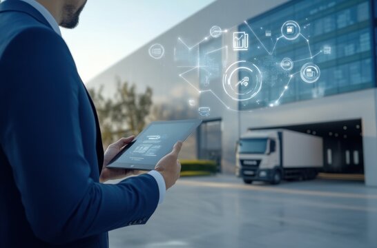 Businessman in a blue suit using iPad for logistics and data analysis outside distribution warehouse - Powered by Adobe