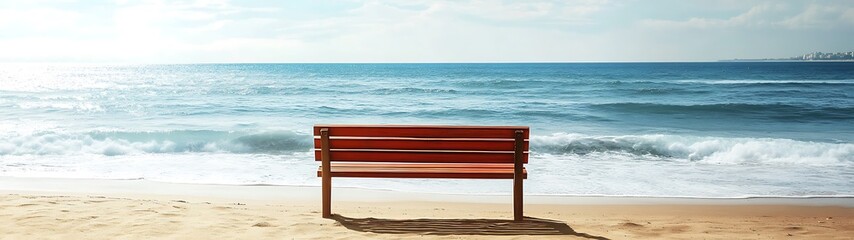 Tranquility Found - Wooden Bench on Peaceful Beach Panorama Banner with Gentle Waves Background