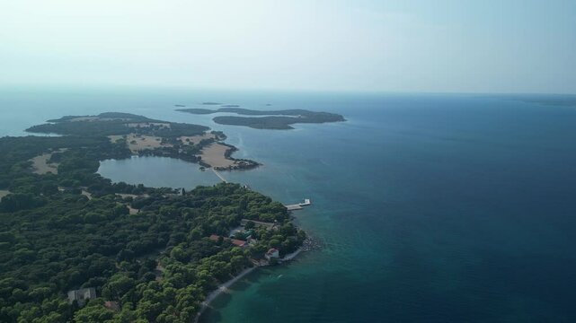 Croatia, Istria, Pula, aerial view to coastline with boats and seaground