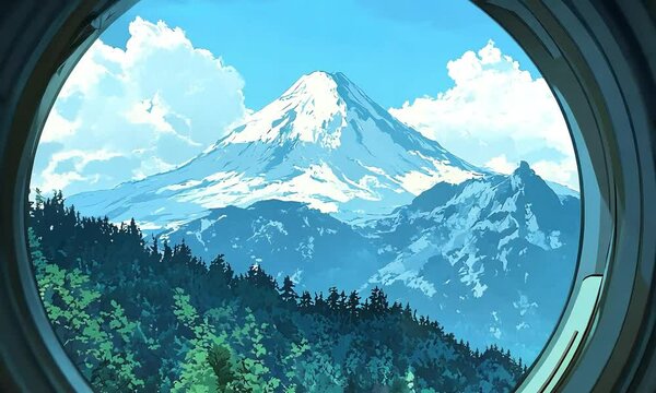 seen from majestic circle, Majestic mountain view from circular window, 4K video stock