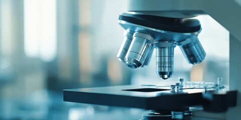 Close-up of a modern microscope in a laboratory setting, showcasing precision engineering for scientific research.