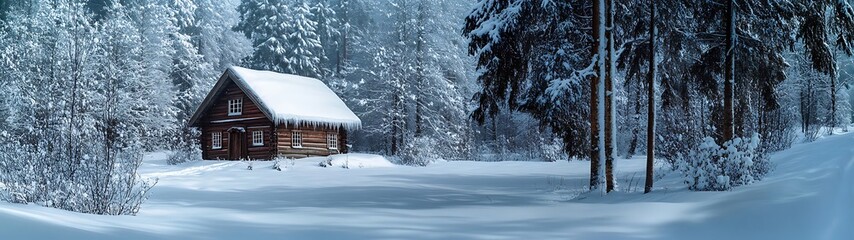 Tranquil Winter Retreat: Cozy Rustic Cabin in Snowy Forest Panorama