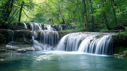 Fototapeta premium A small waterfall in a lush green forest.