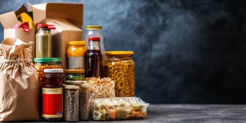 Close-up of various preserved food jars and containers on a rustic surface, ideal for showcasing pantry organization.