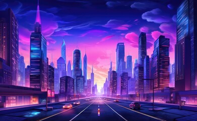 Obraz premium Neon Lit Cityscape at Dusk with Dynamic Sky