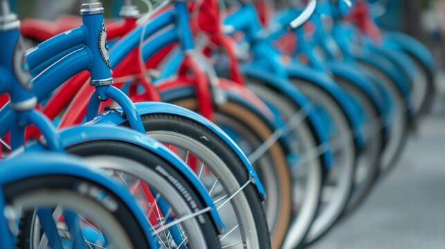 A row of red and blue bicycles parked.