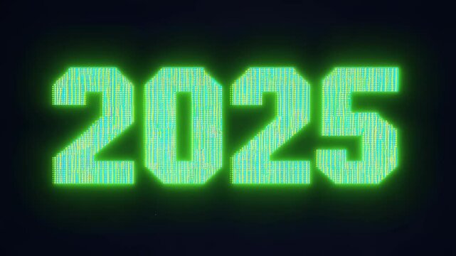 Neon green Glowing green "2025" in a monospaced style appears against a dark backdrop. The video has a zoom-out camera movement with ambient lighting, evoking a futuristic and festive atmosphere.2025