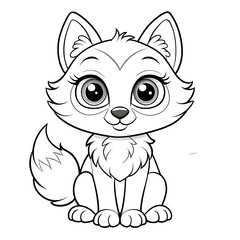 Fototapeta premium Coloring page for kids with a cute little wolf cub with big eyes and eyelashes on a white background